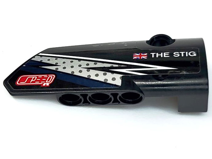 Technic, Panel Fairing # 4 Small Smooth Long, Side B with 'THE STIG', United Kingdom Flag, Lightning Stripes, and Stylized 'SPEED' Pattern (Sticker) - Set 42109