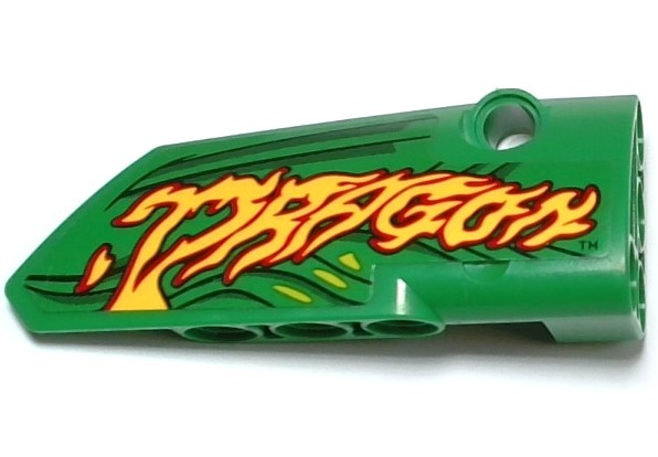 Technic, Panel Fairing # 4 Small Smooth Long, Side B with Red and Yellow 'DRAGON' Flames, Lime and Dark Green Scales and Skin Background Pattern (Sticker) - Set 42149