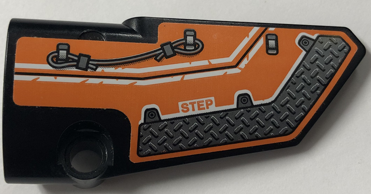 Technic, Panel Fairing # 4 Small Smooth Long, Side B with White Stripes, Cable, Tread Plate and 'STEP' on Orange Background Pattern (Sticker) - Set 42140