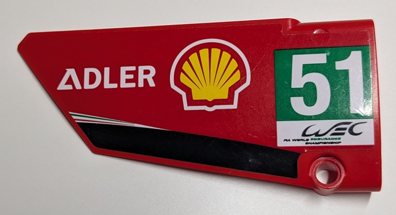 Technic, Panel Fairing #17 Large Smooth, Side A with 'ADLER', Shell Logo, 'WEC FIA WORLD ENDURANCE CHAMPIONSHIP' and White '51' in Green Rectangle Pattern (Sticker) - Set 42125