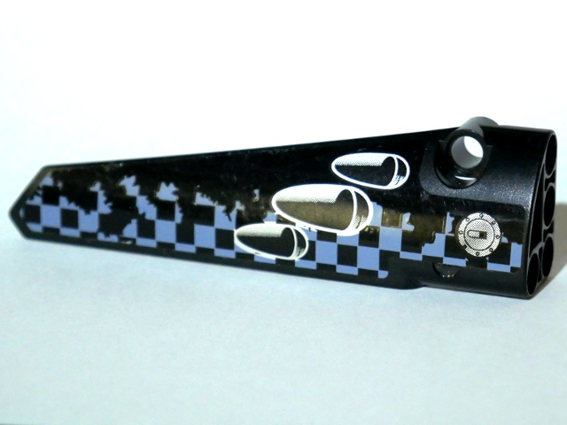 Technic, Panel Fairing # 6 Long Smooth, Side B with Vent Holes, Filler Cap and Worn Sand Blue and Black Checkered Pattern (Sticker) - Set 42002