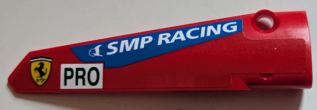 Technic, Panel Fairing # 6 Long Smooth, Side B with White 'SMP RACING' on Blue Stripe, Green 'PRO' on Rectangle and Ferrari Logo Pattern (Sticker) - Set 42125