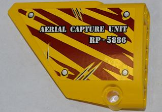 Technic, Panel Fairing #13 Large Short Smooth, Side A with  'AERIAL CAPTURE UNIT RP-5886' on Dark Red Tiger Stripes Pattern (Sticker) - Set 5886