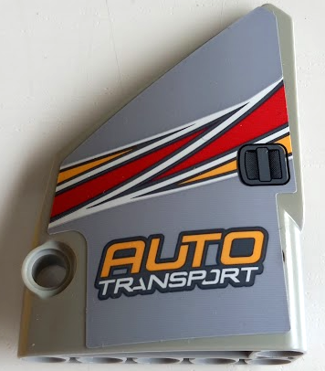 Technic, Panel Fairing #13 Large Short Smooth, Side A with 'AUTO TRANSPORT' and Bright Light Orange, Red and White Curved Stripes Pattern (Sticker) - Set 42098