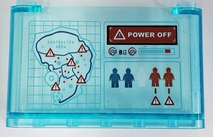Windscreen 1 x 6 x 3 with 'POWER OFF', Blue and Red Minifigures, Map of Island with 'RESTRICTED AREA' and Warning Triangles Pattern (Sticker) - Set 75939