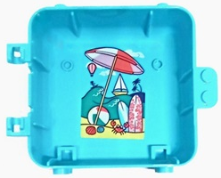 Container, Box 3 x 8 x 6 2/3 Half Back with Coral, Bright Pink and White Beach Umbrella, Dark Turquoise Ocean, Bright Light Yellow Sand, Surf Boards, Hot Air Balloon, Boat, Palm Trees, Seashells, Ball, and Crab Pattern (Sticker) - Set 41411