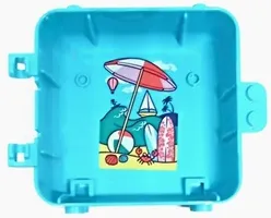 Container, Box 3 x 8 x 6 2/3 Half Back with Coral, Bright Pink and White Beach Umbrella, Dark Turquoise Ocean, Bright Light Yellow Sand, Surf Boards, Hot Air Balloon, Boat, Palm Trees, Seashells, Ball, and Crab Pattern (Sticker) - Set 41411