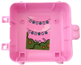 Container, Box 3 x 8 x 6 2/3 Half Back with String of White and Dark Azure Stars, White Cat Hiding Behind Lime Bushes and Flowers Pattern (Sticker) - Set 41665