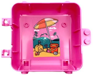 Container, Box 3 x 8 x 6 2/3 Half Back with Bright Light Yellow, Coral and White Beach Umbrella, Dark Turquoise Sea, Sand Castle, Palm Trees, Bucket and Spade Pattern (Sticker) - Set 41412
