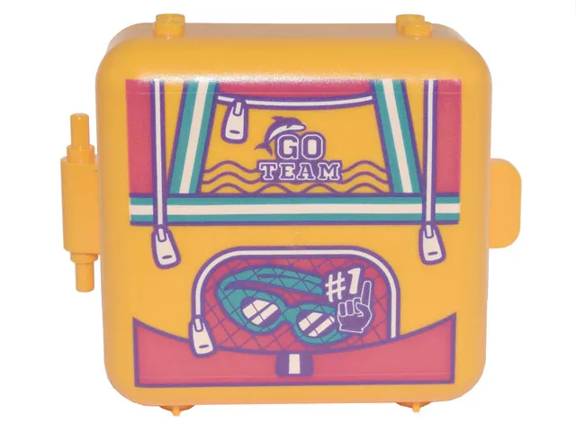 Container, Box 3 x 8 x 6 2/3 Half Front with Backpack with Dark Turquoise Swim Goggles, '#1', Dolphin and 'GO TEAM' Pattern