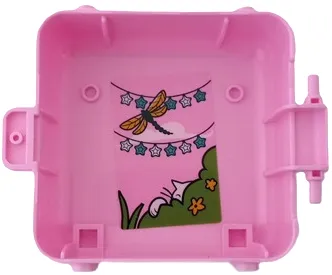 Container, Box 3 x 8 x 6 2/3 Half Front with Cat Face with Dark Turquoise Splotches and Dragonfly, String of White and Dark Azure Stars, White Cat Hiding Behind Lime Bushes and Flowers Pattern (Sticker) - Set 41665