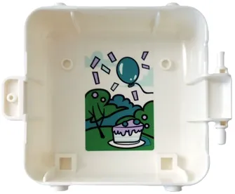 Container, Box 3 x 8 x 6 2/3 Half Front with Dalmatian Dog Face, Medium Azure Eyes, and Lavender Spots, Dark Turquoise Balloon, Trees, Confetti and Slice of Cake Pattern (Sticker) - Set 41663