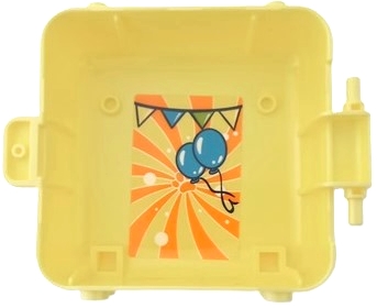 Container, Box 3 x 8 x 6 2/3 Half Front with Dark Blue, White, Dark Pink, and Bright Light Orange Pug Face with Tongue and Bunting, Dark Turquoise Balloons, Orange Paw Print and Stripes in Swirl Pattern (Sticker) - Set 41664