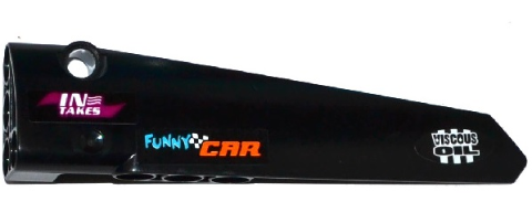 Technic, Panel Fairing # 5 Long Smooth, Side A with 'IN TAKES', 'FUNNY CAR' and 'VISCOUS OIL' Pattern (Stickers) - Set 42050