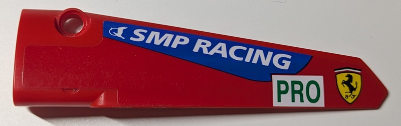 Technic, Panel Fairing # 5 Long Smooth, Side A with White 'SMP RACING' on Blue Stripe, Green 'PRO' on Rectangle and Ferrari Logo Pattern (Sticker) - Set 42125