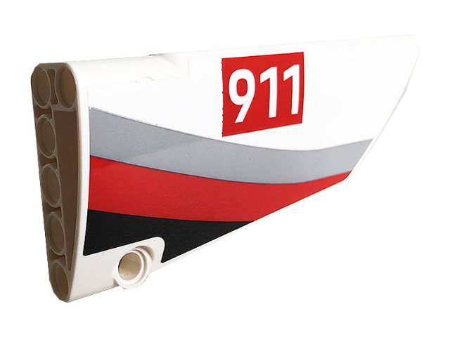 Technic, Panel Fairing #18 Large Smooth, Side B with White '911' on Red Rectangle and Gray, Red and Black Curved Stripes Pattern (Sticker) - Set 42096