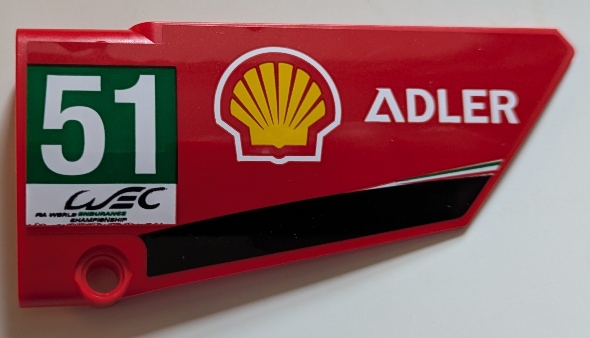 Technic, Panel Fairing #18 Large Smooth, Side B with 'ADLER', Shell Logo, 'WEC FIA WORLD ENDURANCE CHAMPIONSHIP' and White '51' in Green Rectangle Pattern (Sticker) - Set 42125