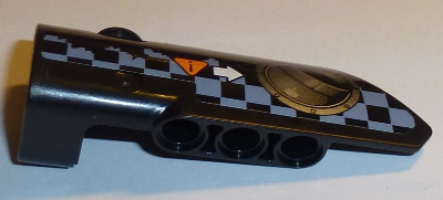 Technic, Panel Fairing # 3 Small Smooth Long, Side A with Exhaust Port, White Arrow, Orange Caution Sign, Gray Checkered Pattern (Sticker) - Set 42002