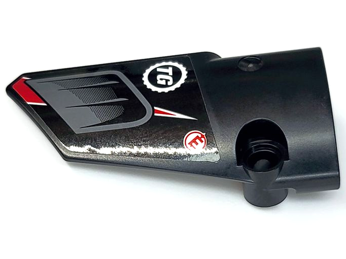 Technic, Panel Fairing # 3 Small Smooth Long, Side A with Dark Bluish Gray Air Vent, White 'TG' Top Gear Logo, Red Letter E Pattern (Sticker) - Set 42109