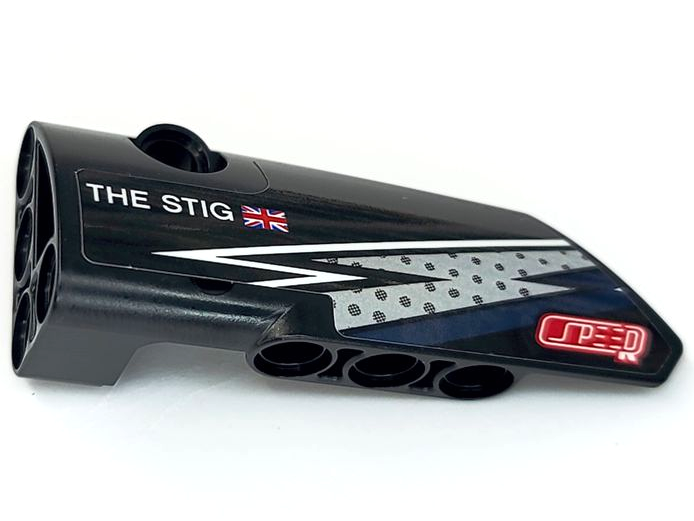 Technic, Panel Fairing # 3 Small Smooth Long, Side A with 'THE STIG', United Kingdom Flag, Lightning Stripes, and Stylized 'SPEED' Pattern (Sticker) - Set 42109