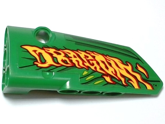 Technic, Panel Fairing # 3 Small Smooth Long, Side A with Red and Yellow 'DRAGON' Flames, Lime and Dark Green Scales and Skin Background Pattern (Sticker) - Set 42149