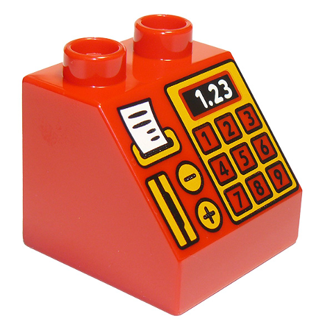 Duplo, Brick 2 x 2 x 1 1/2 Slope 45 with Cash Register, Card Reader, Receipt, and '1.23' Pattern