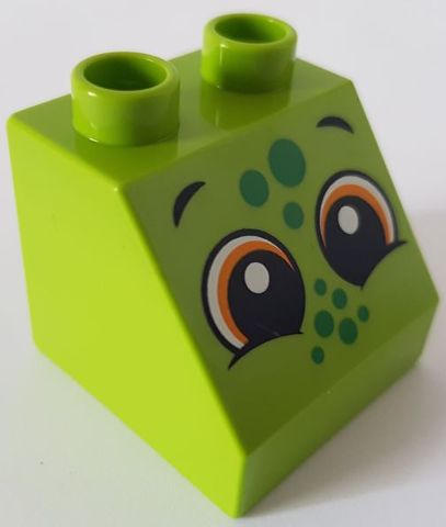 Duplo, Brick 2 x 2 x 1 1/2 Slope 45 with 2 Eyes and Green Spots Pattern (Lizard)