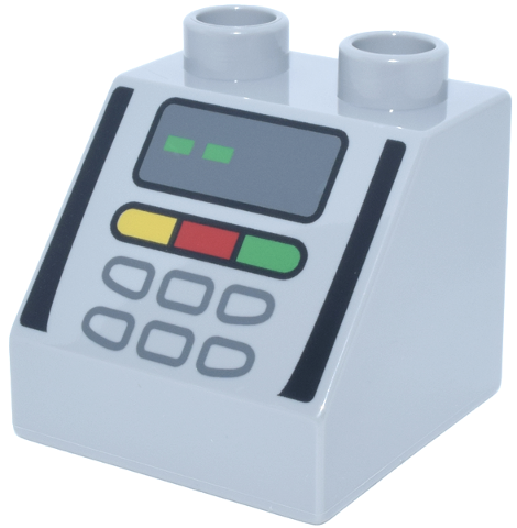 Duplo, Brick 2 x 2 x 1 1/2 Slope 45 with Keypad, Yellow, Blue and Green Buttons, Dark Bluish Gray Screen with Dashes Pattern