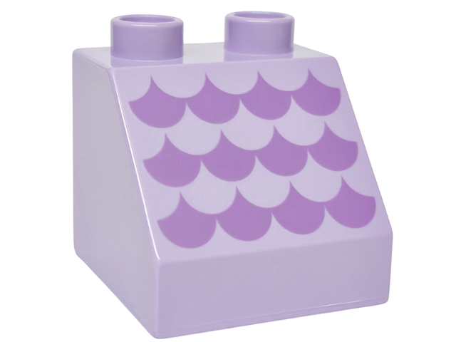Duplo, Brick 2 x 2 x 1 1/2 Slope 45 with Medium Lavender Scalloped Roof Tiles Pattern