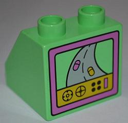 Duplo, Brick 2 x 2 x 1 1/2 Slope 45 with TV Screen with Racing Game Pattern