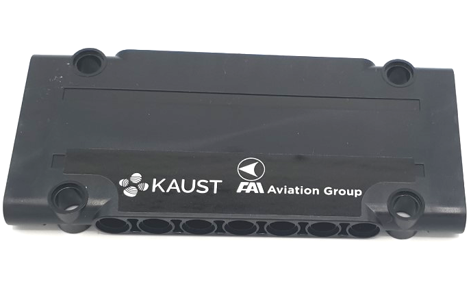 Technic, Panel Plate 5 x 11 x 1 with White 'FAI Aviation Group' and 'KAUST' Pattern Model Left Side (Sticker) - Set 42141