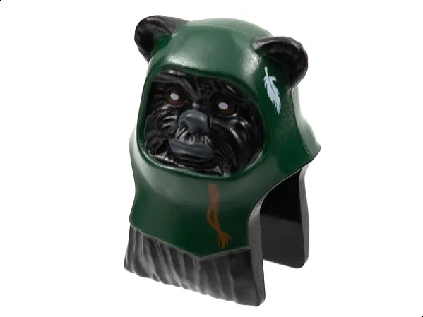 Minifigure, Head, Modified SW Ewok with Dark Green Hood with White Feather Pattern
