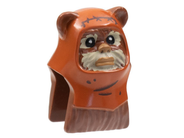 Minifigure, Head, Modified SW Ewok with Printed Dark Orange Hood with Dark Brown Stitching and Wrinkles, Medium Nougat Lips and Nose, Tan Face Fur Pattern