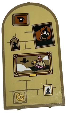 Glass for Door Frame 1 x 6 x 7 Arched with Notches and Rounded Pillars with Pictures of Eye, Wizard, Witch, Spiral and Minifigure with Telescope on Tan Background with Bricks Pattern (Sticker) - Set 40577