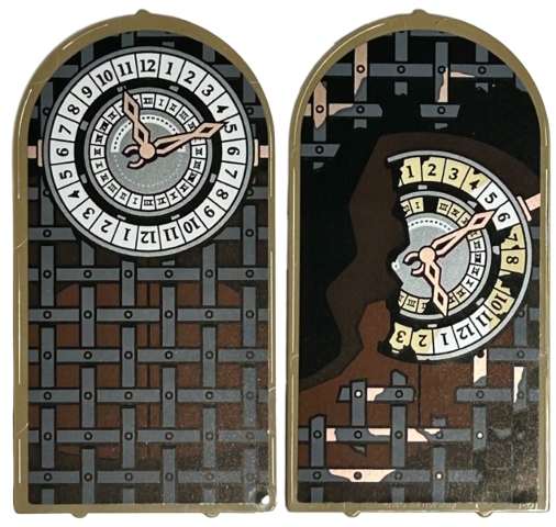 Glass for Door Frame 1 x 6 x 7 Arched with Notches and Rounded Pillars with Dark Bluish Gray Lattice, White Clock, Black Numbers and Gold Hands Pattern on Both Sides (Stickers) - Set 76415