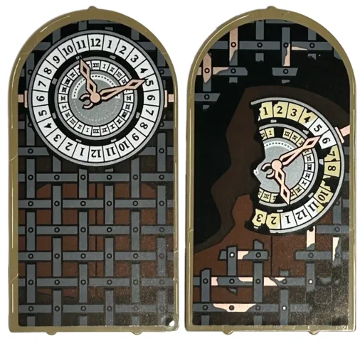 Glass for Door Frame 1 x 6 x 7 Arched with Notches and Rounded Pillars with Dark Bluish Gray Lattice, White Clock, Black Numbers and Gold Hands Pattern on Both Sides (Stickers) - Set 76415