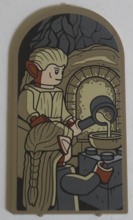 Glass for Door Frame 1 x 6 x 7 Arched with Notches and Rounded Pillars with Tan Elves, Oven and Dark Bluish Gray Bricks and Saucepan Pattern (Sticker) - Set 10316