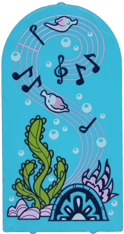 Glass for Door Frame 1 x 6 x 7 Arched with Notches and Rounded Pillars with Fish, Bubbles, Coral, Lime Seaweed, Metallic Pink Musical Score and Black Music Notes Pattern