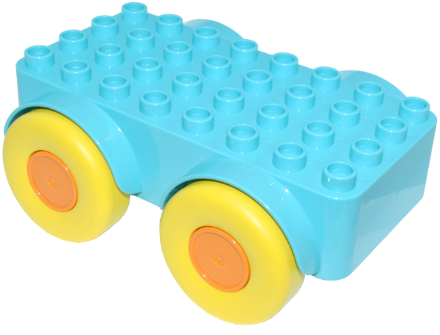 Duplo Car Base Raised 4 x 8 with Fixed Orange Wheels and Smooth Yellow Tires