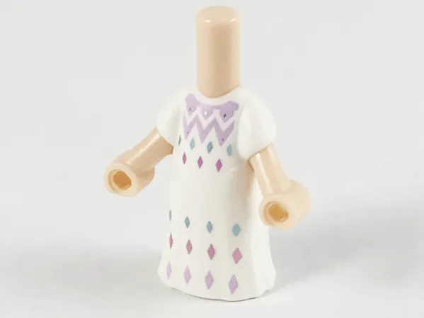 Micro Doll, Body with Molded White Dress and Printed Lavender, Metallic Light Blue, and Metallic Pink Diamonds, Zigzag Lines Pattern