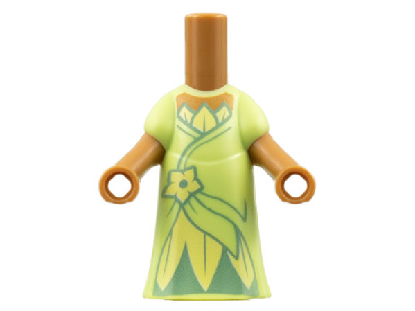 Micro Doll, Body with Molded Yellowish Green Dress and Printed Bright Light Yellow Flower and Leaves, Metallic Light Blue Gathers, Medium Nougat Neck Pattern