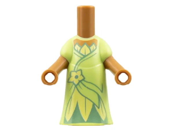 Micro Doll, Body with Molded Yellowish Green Dress and Printed Bright Light Yellow Flower and Leaves, Metallic Light Blue Gathers, Medium Nougat Neck Pattern