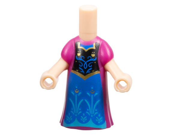 Micro Doll, Body with Molded Magenta Dress and Printed Black Panel with Gold Trim over Blue Skirt with Medium Azure Flowers and Scalloped Hem Pattern