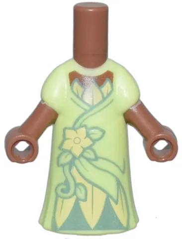 Micro Doll, Body with Molded Yellowish Green Dress and Printed Bright Light Yellow Flower, Leaves and Vine, Metallic Light Blue Gathers, Medium Brown Neck Pattern
