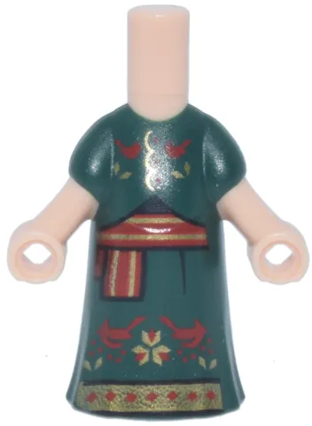 Micro Doll, Body with Molded Dark Green Dress and Printed Red, Black and Gold Striped Sash, Birds, Leaves and Trim Pattern