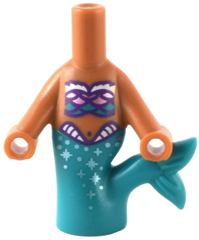 Micro Doll, Body Mermaid with Molded Dark Turquoise Tail and Printed Dark Purple, Dark Turquoise, Metallic Pink, and White Bra with Scales, Metallic Light Blue Dots and Sparkles Pattern