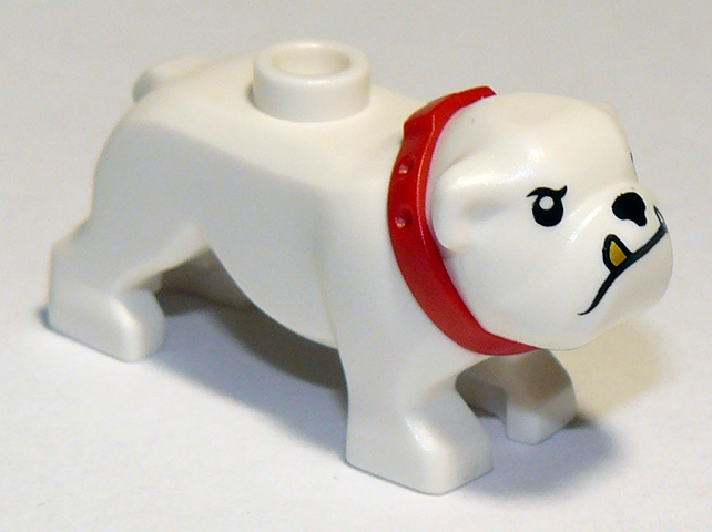 Dog, Bulldog with Molded Red Collar and Printed Black Eyes, Eyebrows, Nose and Mouth, and Gold Tooth Pattern