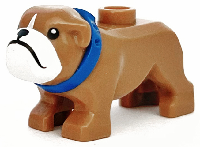 Dog, Bulldog with Molded Blue Collar and Printed Black Eyes, Nose and Mouth, and White Muzzle Pattern