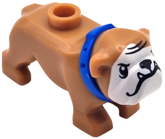 Dog, Bulldog with Molded Blue Collar and Printed Black Eyes, Nose, Mouth, Teeth and Forehead Wrinkles, and White Muzzle Pattern (Ripper)