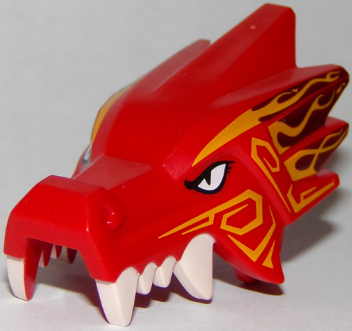 Dragon Head (Ninjago) Jaw Upper with Four White Teeth per Side with White Eyes and Bright Light Orange and Dark Red Markings Pattern